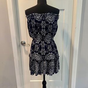 Elan Strapless Mini Dress, L, EUC, Navy print